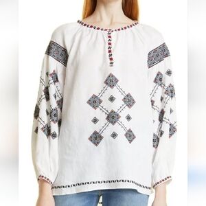 NWT Alex Mill Nadya Embroidered Linen White Blouse Small Boho Peasant